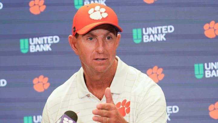 Clemson head coach Dabo Swinney talks with media after the game at Memorial Stadium Saturday, September 6, 2025 in Clemson, S.C.