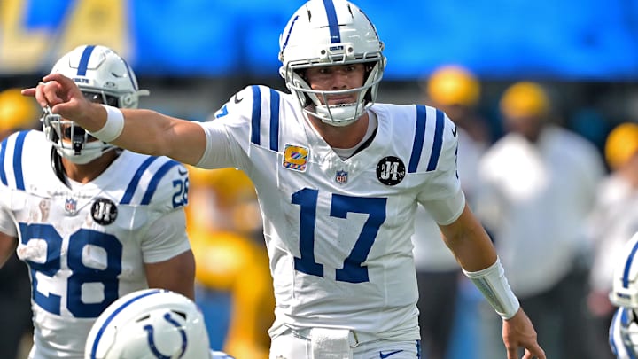 Oct 19, 2025; Inglewood, California, USA; Indianapolis Colts quarterback Daniel Jones (17) calls a play during the second half against the Los Angeles Chargers at SoFi Stadium. Mandatory Credit: Jayne Kamin-Oncea-Imagn Images