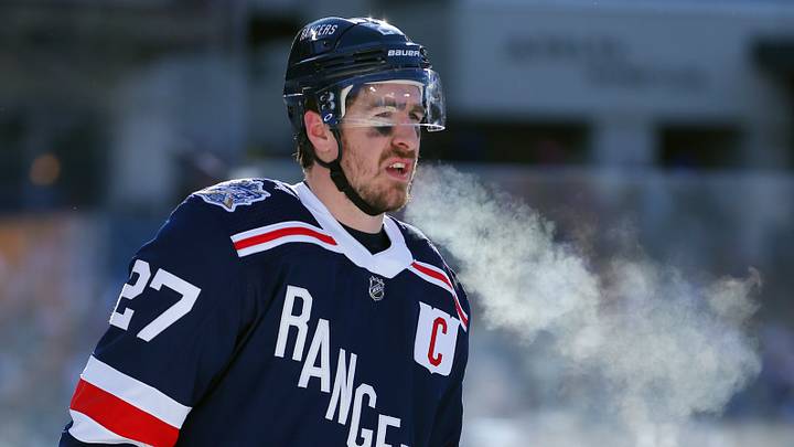 Jan 1, 2018; Queens, NY, USA; New York Rangers defenseman Ryan McDonagh (27) during the first period in the 2018 Winter Classic hockey game against the Buffalo Sabres at Citi Field. Mandatory Credit: Brad Penner-USA TODAY Sports