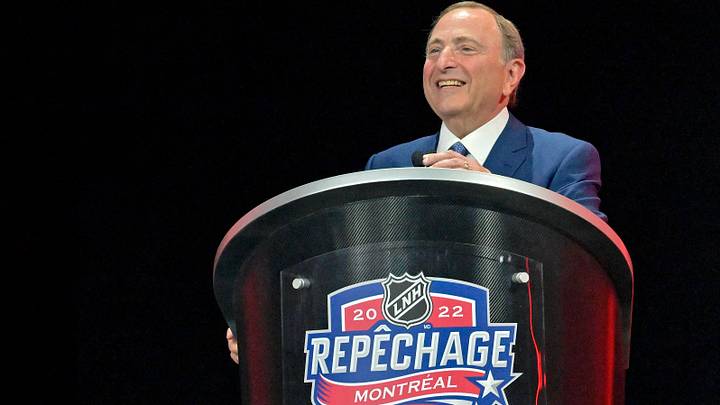 Jul 7, 2022; Montreal, Quebec, CANADA; NHL commissioner Gary Bettman speaks during the first round of the 2022 NHL Draft at Bell Centre. Mandatory Credit: Eric Bolte-USA TODAY Sports