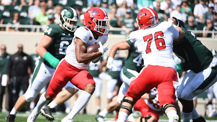 Sep 11, 2021; East Lansing, Michigan, USA; Youngstown State Penguins running back Jaleel McLaughlin