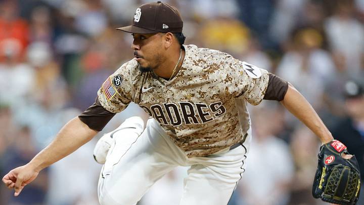 Aug 9, 2026; San Diego, California, USA; San Diego Padres relief pitcher Jeremiah Estrada (56) throws a pitch during the ninth inning against the Houston Astros at Petco Park. Mandatory Credit: David Frerker-Imagn Images