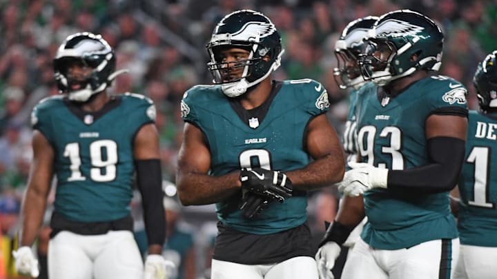 Sep 16, 2024; Philadelphia, Pennsylvania, USA; Philadelphia Eagles defensive end Bryce Huff (0) against the Atlanta Falcons at Lincoln Financial Field.