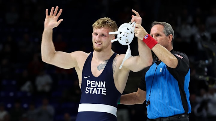 Penn State Nittany Lions wrestler Josh Barr has his arm raised after winning the 197-pound title at the Big Ten Wrestling Championships at Bryce Jordan Center. 
