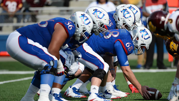 Sep 9, 2017; Lawrence, KS, USA; Kansas Jayhawks offensive lineman Earl Bostick (68) and the