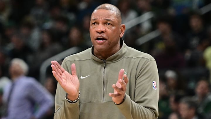 Apr 10, 2024; Milwaukee, Wisconsin, USA; Milwaukee Bucks head coach Doc Rivers reacts in the fourth quarter against the Orlando Magic at Fiserv Forum.