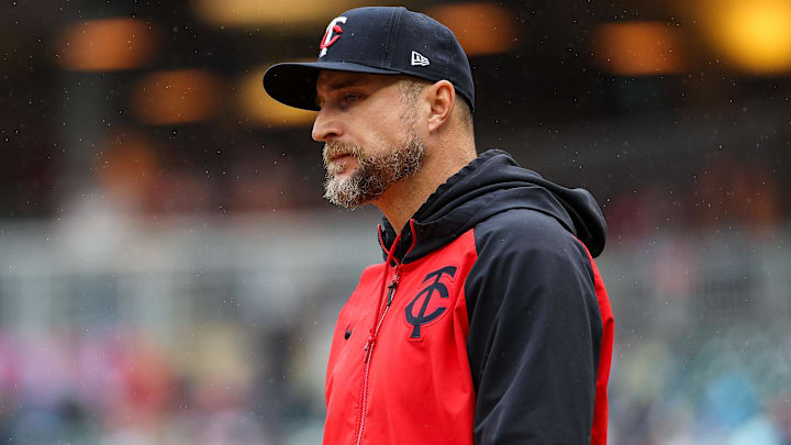 May 21, 2025; Minneapolis, Minnesota, USA; Minnesota Twins manager Rocco Baldelli (5) looks on before the first game of a doubleheader against the Cleveland Guardians at Target Field. May 21, 2025; Minneapolis, Minnesota, USA; Minnesota Twins manager Rocco Baldelli (5) looks on before the first game of a doubleheader against the Cleveland Guardians at Target Field.