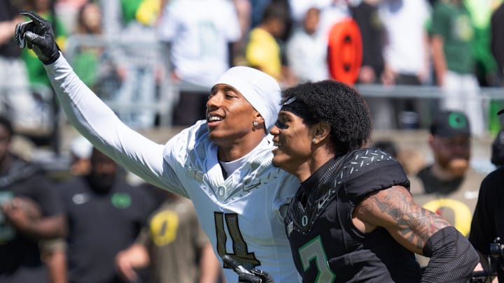 Oregon’s Brandon Finney Jr., left, and 	
Na'eem Offord dance to shout during the Oregon Spring Game at Autzen Stadium in Eugene April 25, 2026