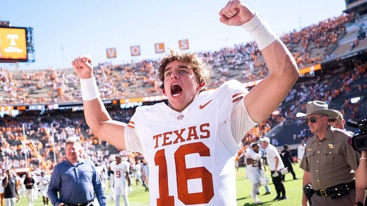 Sep 26, 2026; Knoxville, Tennessee, USA; Texas quarterback Arch Manning (16) celebrates after a college football game between Tennessee and Texas at Neyland Stadium in Knoxville, Tenn. on Sept. 26, 2026. Mandatory Credit: Brianna Paciorka-USA TODAY Network via Imagn Images Sep 26, 2026; Knoxville, Tennessee, USA; Texas quarterback Arch Manning (16) celebrates after a college football game between Tennessee and Texas at Neyland Stadium in Knoxville, Tenn. on Sept. 26, 2026. Mandatory Credit: Brianna Paciorka-USA TODAY Network via Imagn Images
