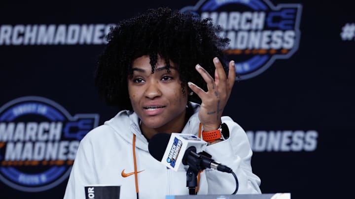 Mar 29, 2026; Fort Worth, TX, USA; Texas Longhorns guard Rori Harmon (3) speaks during a press conference ahead of an NCAA Tournament Elite 8 game against the Michigan Wolverines at Dickies Arena. Mandatory Credit: Chris Jones-Imagn Images Mar 29, 2026; Fort Worth, TX, USA; Texas Longhorns guard Rori Harmon (3) speaks during a press conference ahead of an NCAA Tournament Elite 8 game against the Michigan Wolverines at Dickies Arena. Mandatory Credit: Chris Jones-Imagn Images