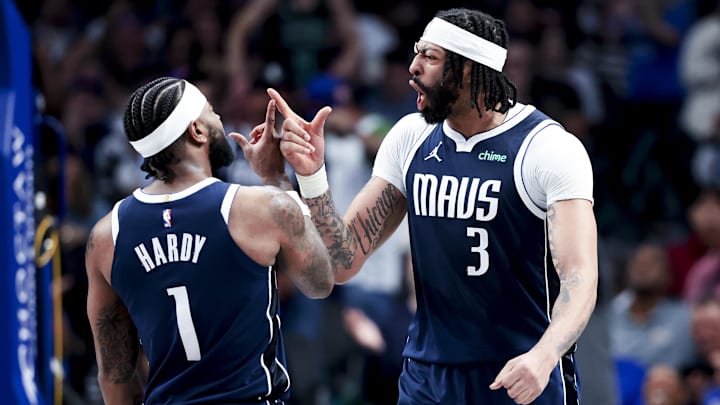 Apr 2, 2025; Dallas, Texas, USA;  Dallas Mavericks forward Anthony Davis (3) celebrates with Dallas Mavericks guard Jaden Hardy (1) after scoring during the fourth quarter against the Atlanta Hawks at American Airlines Center. Mandatory Credit: Kevin Jairaj-Imagn Images