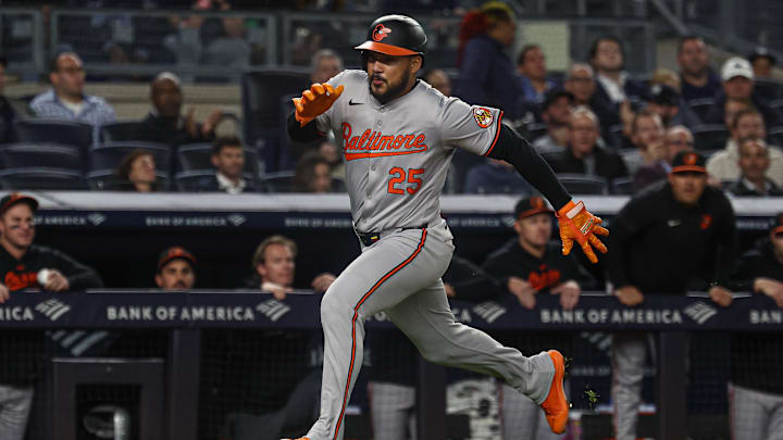 Sep 24, 2024; Bronx, New York, USA; Baltimore Orioles right fielder Anthony Santander (25) scores a run during the fourth inning against the New York Yankees at Yankee Stadium. Sep 24, 2024; Bronx, New York, USA; Baltimore Orioles right fielder Anthony Santander (25) scores a run during the fourth inning against the New York Yankees at Yankee Stadium.