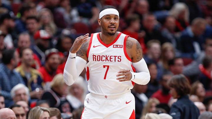 Nov 3, 2018; Chicago, IL, USA; Houston Rockets forward Carmelo Anthony (7) reacts after scoring a three pointer against the Chicago Bulls during the first half at United Center. Mandatory Credit: Kamil Krzaczynski-USA TODAY Sports Nov 3, 2018; Chicago, IL, USA; Houston Rockets forward Carmelo Anthony (7) reacts after scoring a three pointer against the Chicago Bulls during the first half at United Center. Mandatory Credit: Kamil Krzaczynski-USA TODAY Sports