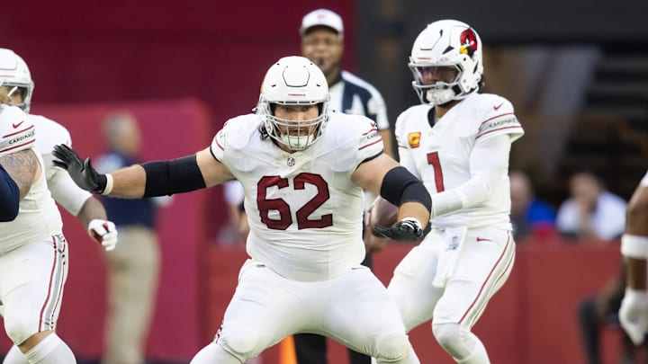 Dec 15, 2024; Glendale, Arizona, USA; Arizona Cardinals center Evan Brown (62) against the New England Patriots at State Farm Stadium. Mandatory Credit: Mark J. Rebilas-Imagn Images Dec 15, 2024; Glendale, Arizona, USA; Arizona Cardinals center Evan Brown (62) against the New England Patriots at State Farm Stadium. Mandatory Credit: Mark J. Rebilas-Imagn Images
