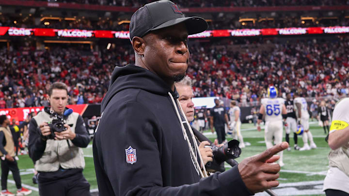 Atlanta Falcons head coach Raheem Morris celebrates after a victory over the Los Angeles Rams at Mercedes-Benz Stadium. Atlanta Falcons head coach Raheem Morris celebrates after a victory over the Los Angeles Rams at Mercedes-Benz Stadium.