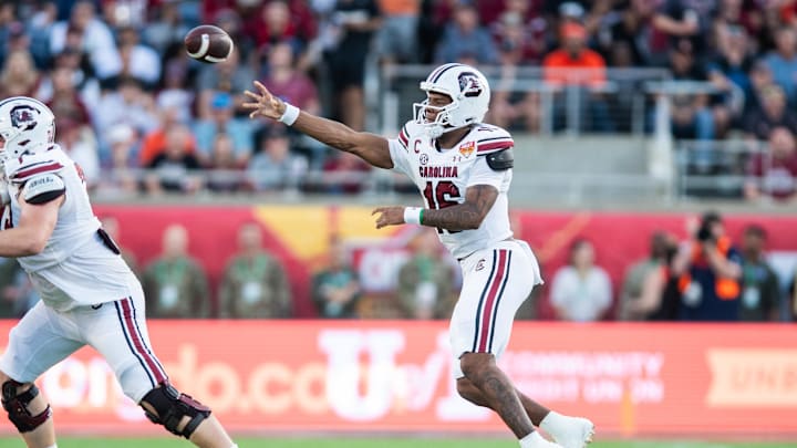 Dec 31, 2024; Orlando, FL, USA; South Carolina Gamecocks quarterback LaNorris Sellers (16) throws the ball against the Illinois Fighting Illini in the third quarter at Camping World Stadium. Mandatory Credit: Jeremy Reper-Imagn Images Dec 31, 2024; Orlando, FL, USA; South Carolina Gamecocks quarterback LaNorris Sellers (16) throws the ball against the Illinois Fighting Illini in the third quarter at Camping World Stadium. Mandatory Credit: Jeremy Reper-Imagn Images