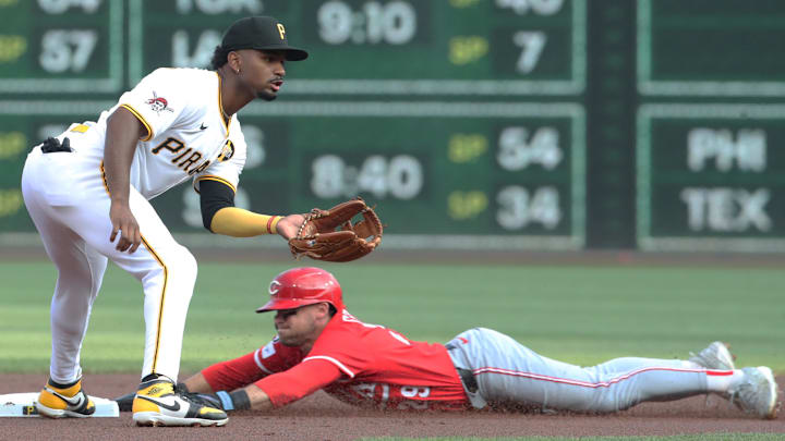Aug 9, 2025; Pittsburgh, Pennsylvania, USA;  Cincinnati Reds center fielder TJ Friedl (29) steals second base as Pittsburgh Pirates shortstop Liover Peguero (left) waits for the throw during the first inning at PNC Park. Mandatory Credit: Charles LeClaire-Imagn Images