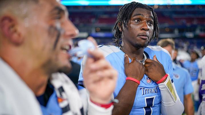 Tennessee Titans quarterback Cam Ward (1) talks with other players after an NFL pre-season game against the Minnesota Vikings at Nissan Stadium in Nashville, Tenn., Friday, Aug. 22, 2025. Tennessee Titans quarterback Cam Ward (1) talks with other players after an NFL pre-season game against the Minnesota Vikings at Nissan Stadium in Nashville, Tenn., Friday, Aug. 22, 2025.