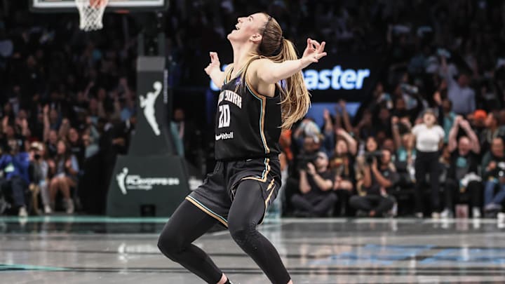Sep 24, 2024; Brooklyn, New York, USA; New York Liberty guard Sabrina Ionescu (20) celebrates during game two of the first round of the 2024 WNBA Playoffs against the Atlanta Dream at Barclays Center. Mandatory Credit: Wendell Cruz-Imagn Images