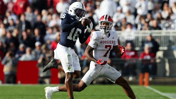 Penn State Nittany Lions safety King Mack intercepts a pass during the fourth quarter against the Indiana Hoosiers at Beaver Stadium. Penn State Nittany Lions safety King Mack intercepts a pass during the fourth quarter against the Indiana Hoosiers at Beaver Stadium.