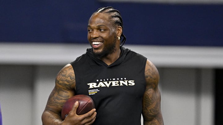 Aug 16, 2025; Arlington, Texas, USA; Baltimore Ravens running back Derrick Henry (22) looks on before the game between the Dallas Cowboys and the Baltimore Ravens at AT&T Stadium. Mandatory Credit: Jerome Miron-Imagn Images