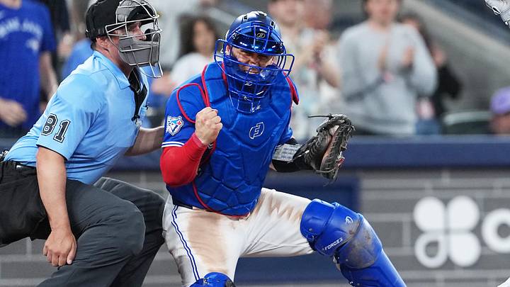 Apr 25, 2026; Toronto, Ontario, CAN; Toronto Blue Jays catcher Tyler Heineman (55) reacts after the third out against the Cleveland Guardians during the ninth inning at Rogers Centre. Mandatory Credit: Nick Turchiaro-Imagn Images