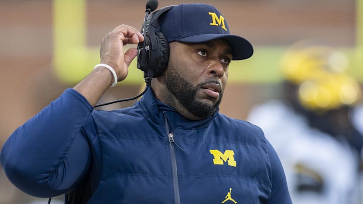 Nov 22, 2025; College Park, Maryland, USA; Michigan Wolverines head coach Sherrone Moore on the sidelines during the first quarter against the Maryland Terrapins  at SECU Stadium.
