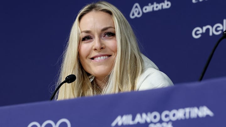 Lindsey Vonn attends a press conference at a press conference at the Cortina Curling Olympic Stadium in preparation for the Milano Cortina 2026 Olympic Winter Games.