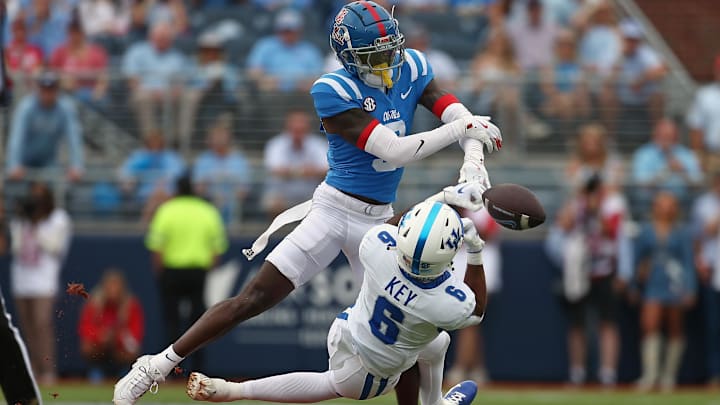 Mississippi Rebels defensive back Trey Amos breaks up a pass intended for Kentucky Wildcats wide receiver Dane Key.