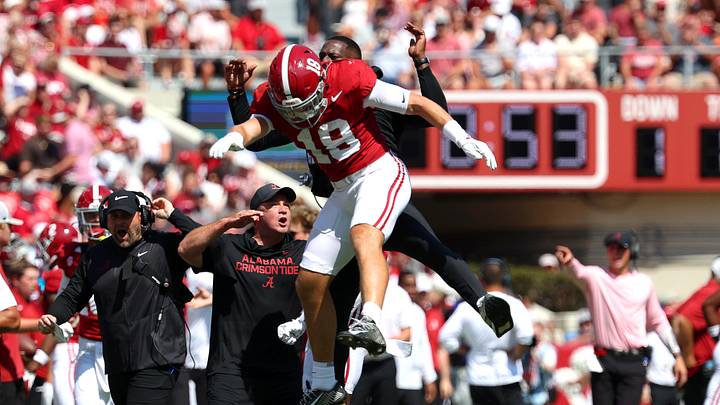 Sep 13, 2025; Tuscaloosa, Alabama, USA; Alabama Crimson Tide defensive back Bray Hubbard (18) celebrates his interception during the first quarter against the Wisconsin Badgers at Saban Field at Bryant-Denny Stadium. Mandatory Credit: David Leong-Imagn Images Sep 13, 2025; Tuscaloosa, Alabama, USA; Alabama Crimson Tide defensive back Bray Hubbard (18) celebrates his interception during the first quarter against the Wisconsin Badgers at Saban Field at Bryant-Denny Stadium. Mandatory Credit: David Leong-Imagn Images