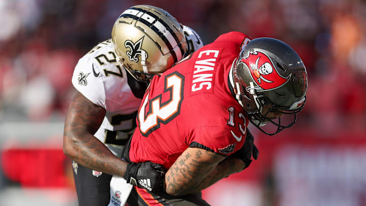 Tampa Bay Buccaneers WR Mike Evans epically crossed 1,000 yards for an 11th straight season, and the radio call of the moment was amazing. (Mandatory Credit: Nathan Ray Seebeck-Imagn Images)
