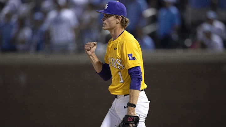 Jun 2, 2024; Chapel Hill, NC, USA; Louisiana State Tigers pitcher Gavin Guidry (1) reacts to the final out against the North Carolina Tar Heels in the ninth inning of the Div. I NCAA baseball regional at Boshamer Stadium. Mandatory Credit: Jeffrey Camarati-Imagn Images Jun 2, 2024; Chapel Hill, NC, USA; Louisiana State Tigers pitcher Gavin Guidry (1) reacts to the final out against the North Carolina Tar Heels in the ninth inning of the Div. I NCAA baseball regional at Boshamer Stadium. Mandatory Credit: Jeffrey Camarati-Imagn Images