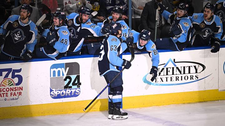Teammate congratulate Milwaukee Admirals center Austin Roest (63) on his goal against the San Jose Barracuda in the first period of a game Saturday, March 7, 2026, at the UWM Panther Arena in Milwaukee, Wisconsin. Teammate congratulate Milwaukee Admirals center Austin Roest (63) on his goal against the San Jose Barracuda in the first period of a game Saturday, March 7, 2026, at the UWM Panther Arena in Milwaukee, Wisconsin.