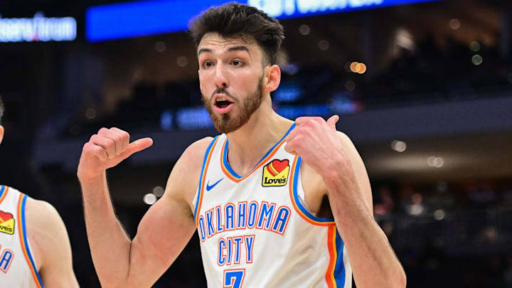 Mar 16, 2025; Milwaukee, Wisconsin, USA;  Oklahoma City Thunder center Chet Holmgren (7) reacts in the fourth quarter against the Milwaukee Bucks at Fiserv Forum. Mandatory Credit: Benny Sieu-Imagn Images
