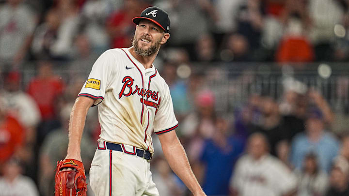 Jun 18, 2025; Cumberland, Georgia, USA; Atlanta Braves starting pitcher Chris Sale (51) watches the ball after a hit by the New York Mets during the ninth inning at Truist Park. Mandatory Credit: Dale Zanine-Imagn Images