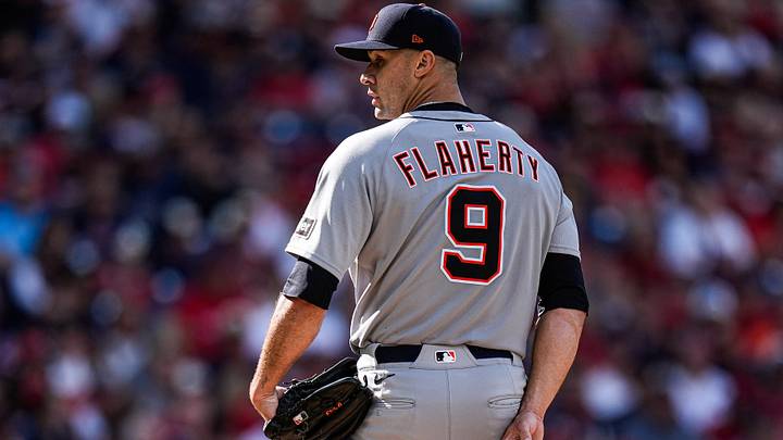 Detroit Tigers pitcher Jack Flaherty (9) gets ready to pitch at Progressive Field. Credit Detroit Tigers pitcher Jack Flaherty (9) gets ready to pitch at Progressive Field. Credit