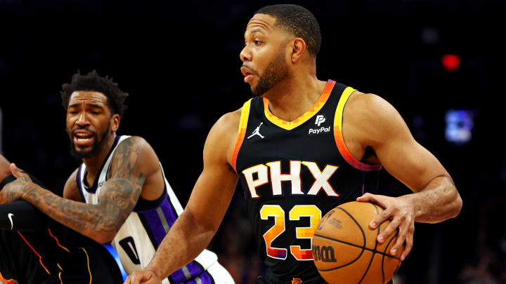Jan 16, 2024; Phoenix, Arizona, USA; Phoenix Suns guard Eric Gordon (23) handles the ball during the second quarter against the Sacramento Kings at Footprint Center. Mandatory Credit: Mark J. Rebilas-USA TODAY Sports