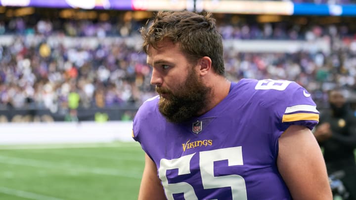 Oct 2, 2022;  London, United Kingdom;  Minnesota Vikings guard Austin Schlottmann (65) during the NFL International Series game at Tottenham Hotspur Stadium. Mandatory Credit: Peter van den Berg-USA TODAY Sports