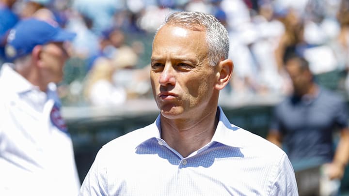 Jul 18, 2025; Chicago, Illinois, USA; Chicago Cubs President of Baseball Operations Jed Hoyer walks on the sidelines before a baseball game between the Chicago Cubs and Boston Red Sox at Wrigley Field. Mandatory Credit: Kamil Krzaczynski-Imagn Images