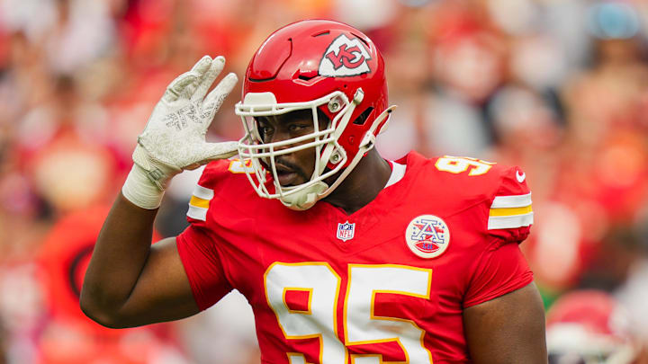 Sep 14, 2025; Kansas City, Missouri, USA; Kansas City Chiefs defensive tackle Chris Jones (95) reacts during the first half against the Philadelphia Eagles at GEHA Field at Arrowhead Stadium. Mandatory Credit: Jay Biggerstaff-Imagn Images