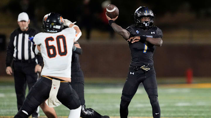 Rejoice Christian's Kamieon Compton-Nero (1) throws a pass during the Class A1 state championship game between Tonkawa and Rejoice Christian at Chad Richison Stadium in Edmond, Okla., Thursday Dec. 11, 2025.