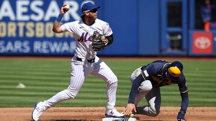 Mar 29, 2024; New York City, New York, USA; New York Mets second baseman Jeff McNeil (1) forces out