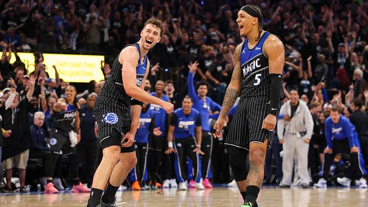 Apr 25, 2026; Orlando, Florida, USA; Orlando Magic forward Franz Wagner (22) reacts to a shot by forward Paolo Banchero (5) against the Detroit Pistons in the fourth quarter during game three of the first round of the 2026 NBA Playoffs at Kia Center. Mandatory Credit: Nathan Ray Seebeck-Imagn Images Apr 25, 2026; Orlando, Florida, USA; Orlando Magic forward Franz Wagner (22) reacts to a shot by forward Paolo Banchero (5) against the Detroit Pistons in the fourth quarter during game three of the first round of the 2026 NBA Playoffs at Kia Center. Mandatory Credit: Nathan Ray Seebeck-Imagn Images