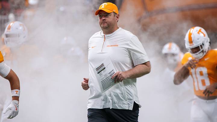 Aug 30, 2025; Atlanta, Georgia, USA; Tennessee Volunteers head coach Josh Heupel runs on the field before a game against the Syracuse Orange at Mercedes-Benz Stadium. Mandatory Credit: Brett Davis-Imagn Images