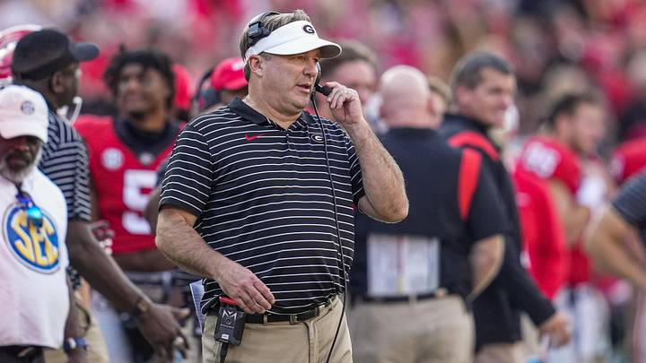Oct 15, 2022; Athens, Georgia, USA; Georgia Bulldogs head coach Kirby Smart works on the sideline against the Vanderbilt Commodores at Sanford Stadium. Mandatory Credit: Dale Zanine-Imagn Images