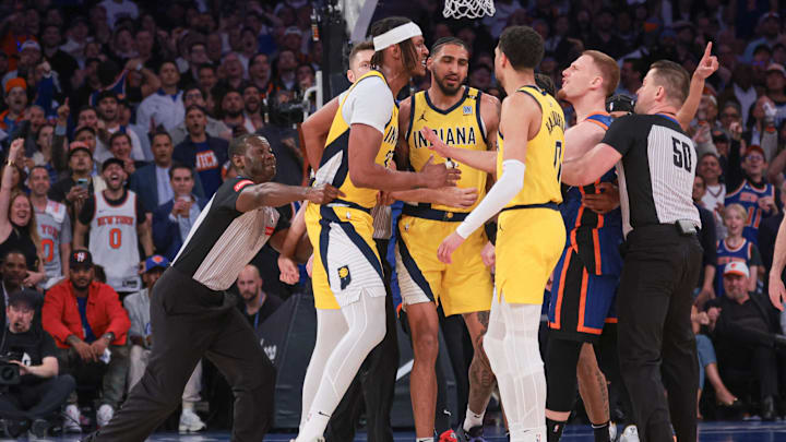 May 14, 2024; New York, New York, USA; Indiana Pacers center Myles Turner (33) argues with New York