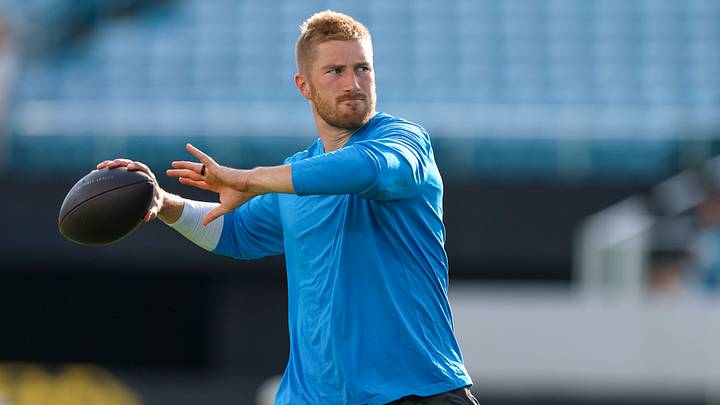 Aug 21, 2026; Jacksonville, Florida, USA; Carolina Panthers quarterback Kyle Trask (14) warms up before a preseason game against the Jacksonville Jaguars at EverBank Stadium. Mandatory Credit: Nathan Ray Seebeck-Imagn Images