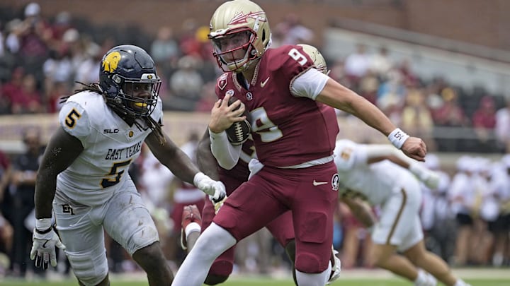 Sep 6, 2025; Tallahassee, Florida, USA; Florida State Seminoles quarterback Kevin Sperry (9) runs the ball against the East Texas A&M Lions during the second half at Doak S. Campbell Stadium. Mandatory Credit: Melina Myers-Imagn Images