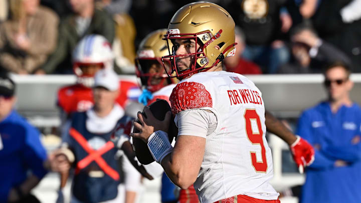 Nov 8, 2025; Chestnut Hill, Massachusetts, USA; Boston College Eagles quarterback Dylan Lonergan (9) looks to pass the ball during the second half against the Southern Methodist University Mustangs at Alumni Stadium. Mandatory Credit: Eric Canha-Imagn Images