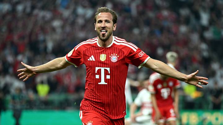 Bayern Munich striker Harry Kane celebrating after scoring against VfB Stuttgart in the DFB Pokal final.